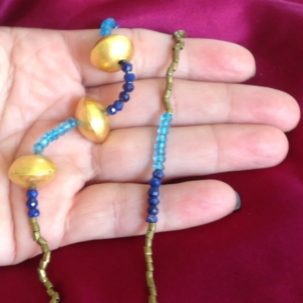 WENDY MINK Boho Lapis & Gold Drum Necklace